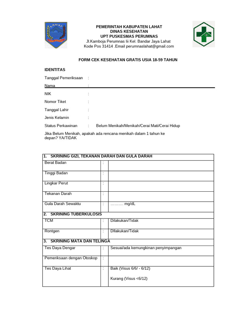 Form Cek Kesehatan Usia 18-59 Tahun | PDF