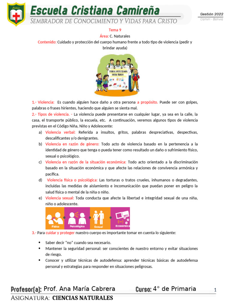 TEMA 9 Cuidado y Protección Del Cuerpo Humano Frente A Todo Tipo de  Violencia (Pedir y Brinadr Ayuda) | PDF | Violencia | Autodefensa, image size:768x1024