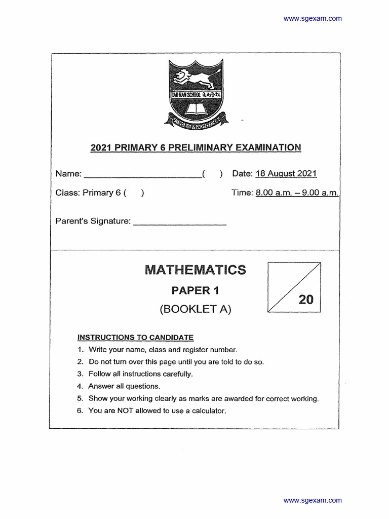 2021-P6-Maths-Prelim-Tao Nan | PDF