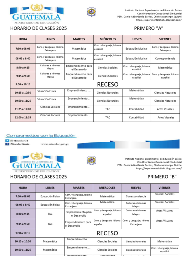 Horario Clases 2025 Instituto Chichicastenango | PDF | Science ...