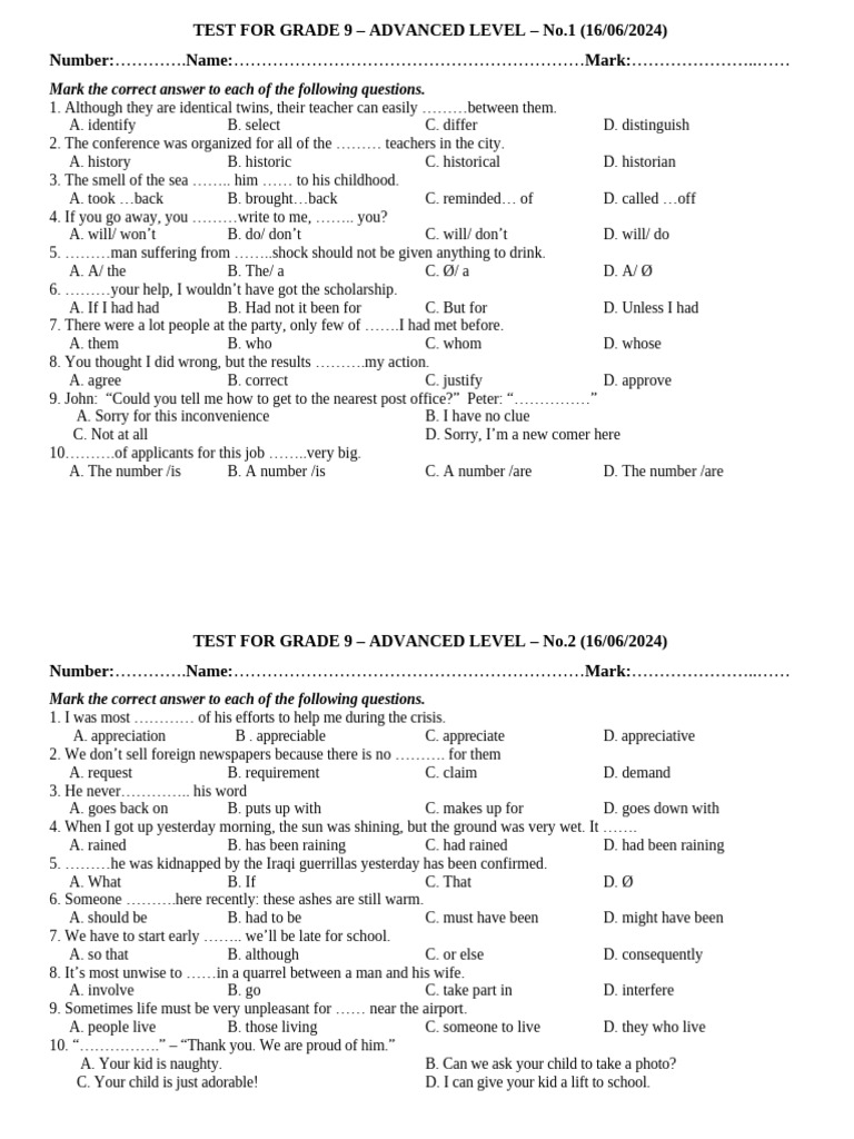 Grade 9 Advanced English Test Questions | PDF