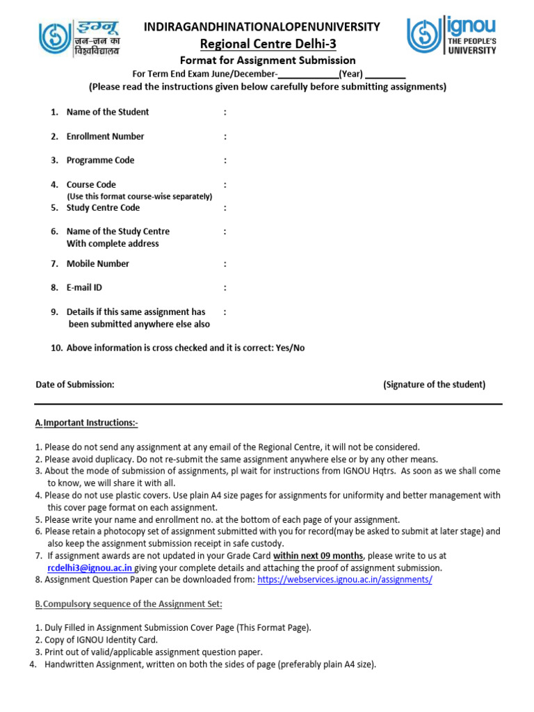 IGNOU Assignment Submission Guidelines | PDF