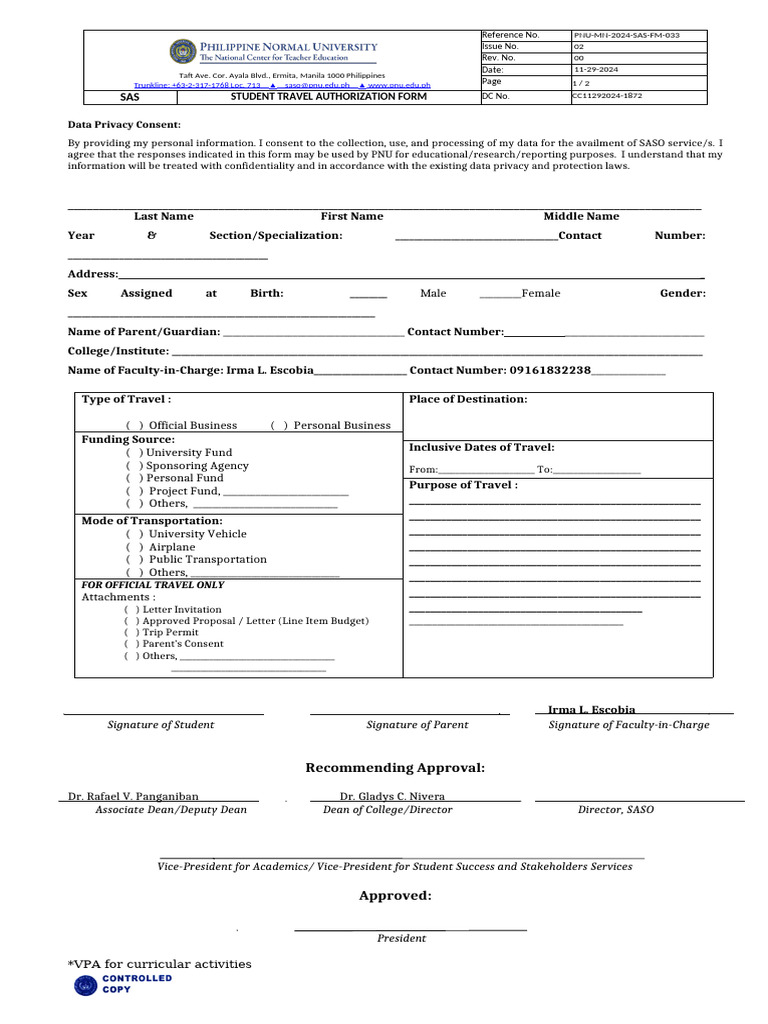 Student Travel Authorization Form Unprotected | PDF