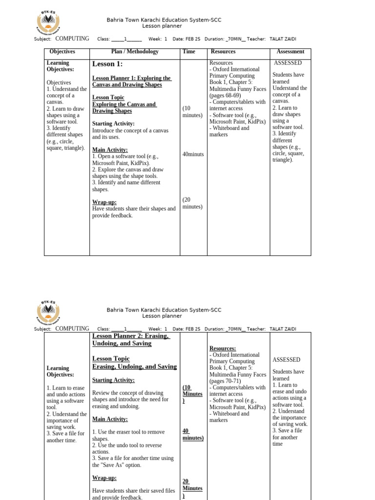 Computing Lesson Plans for Class 1 | PDF | Computing