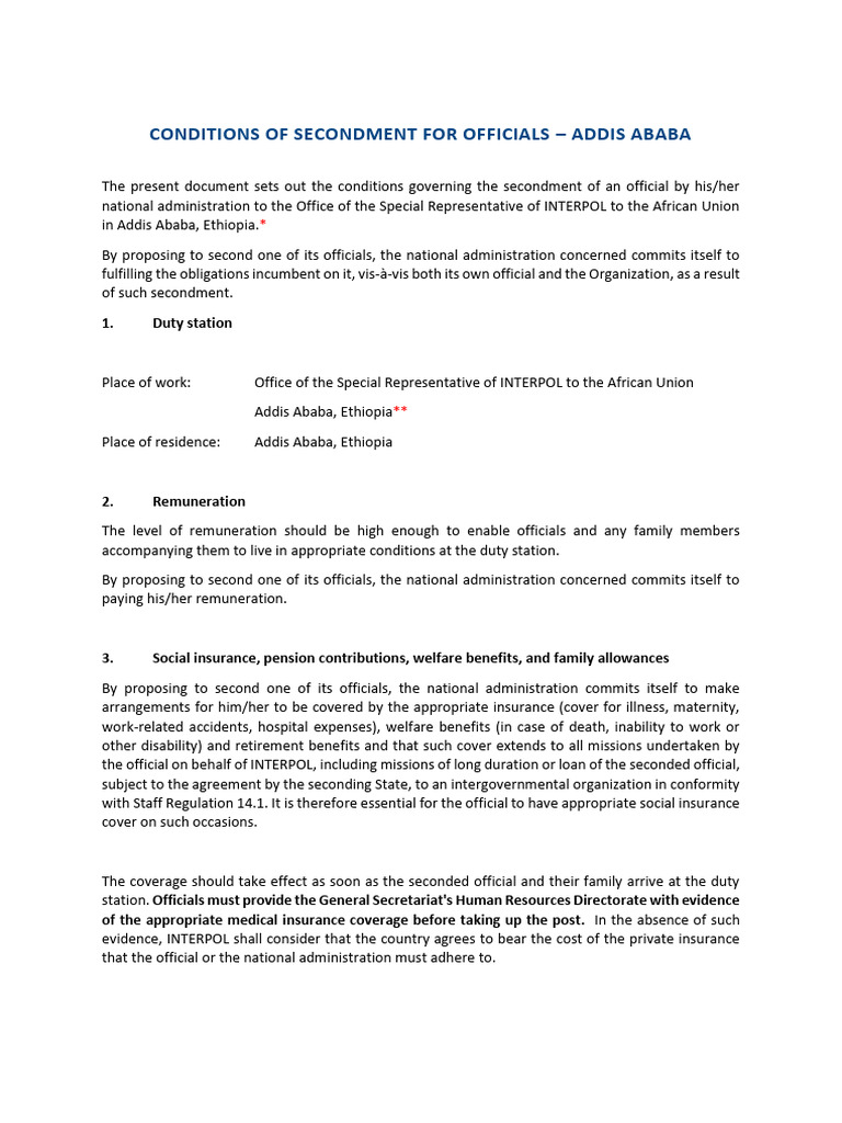 INTERPOL Secondment Conditions in Ethiopia | PDF | Insurance | Treaty