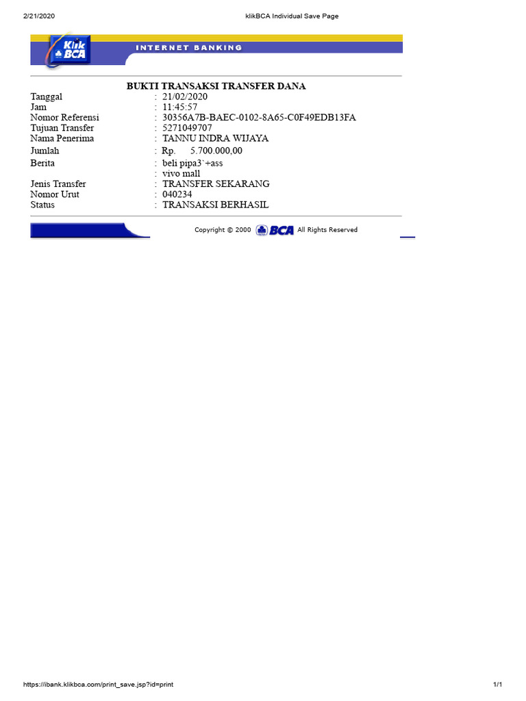 Bukti Transaksi Transfer Rp5.700.000 | PDF