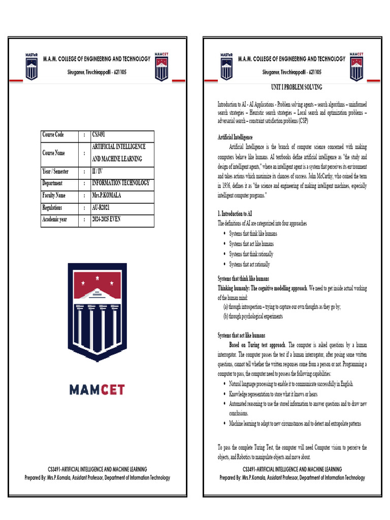 AIML Note S | PDF | Artificial Intelligence | Intelligence (AI) & Semantics
