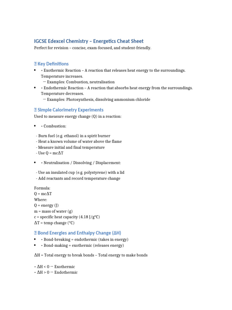 Energetics Cheat Sheet IGCSE Chemistry | PDF