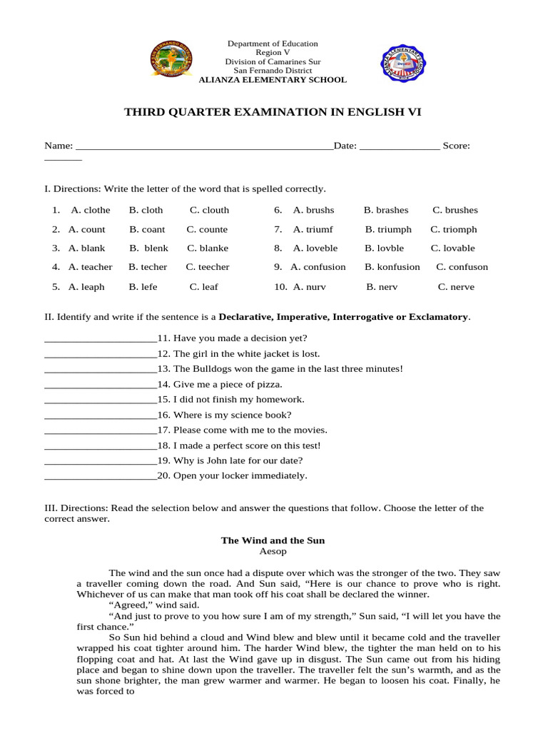 English VI Third Quarter Exam Guide | PDF