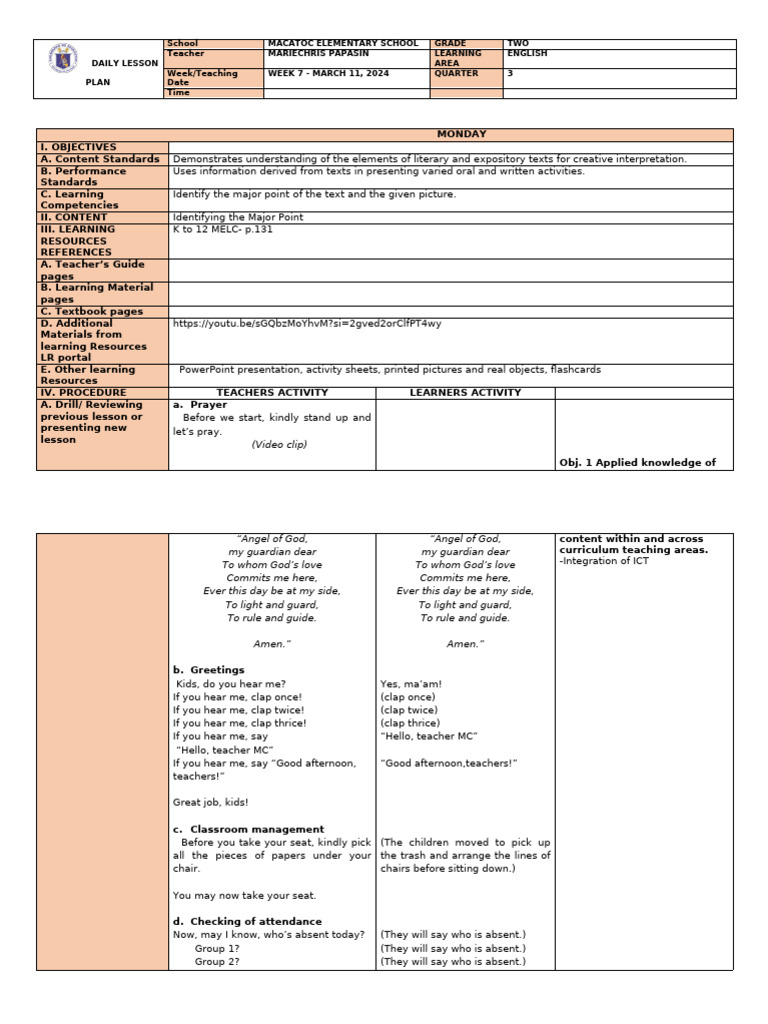 Grade 2 English Lesson Plan: Main Idea | PDF | Learning | Educational ...