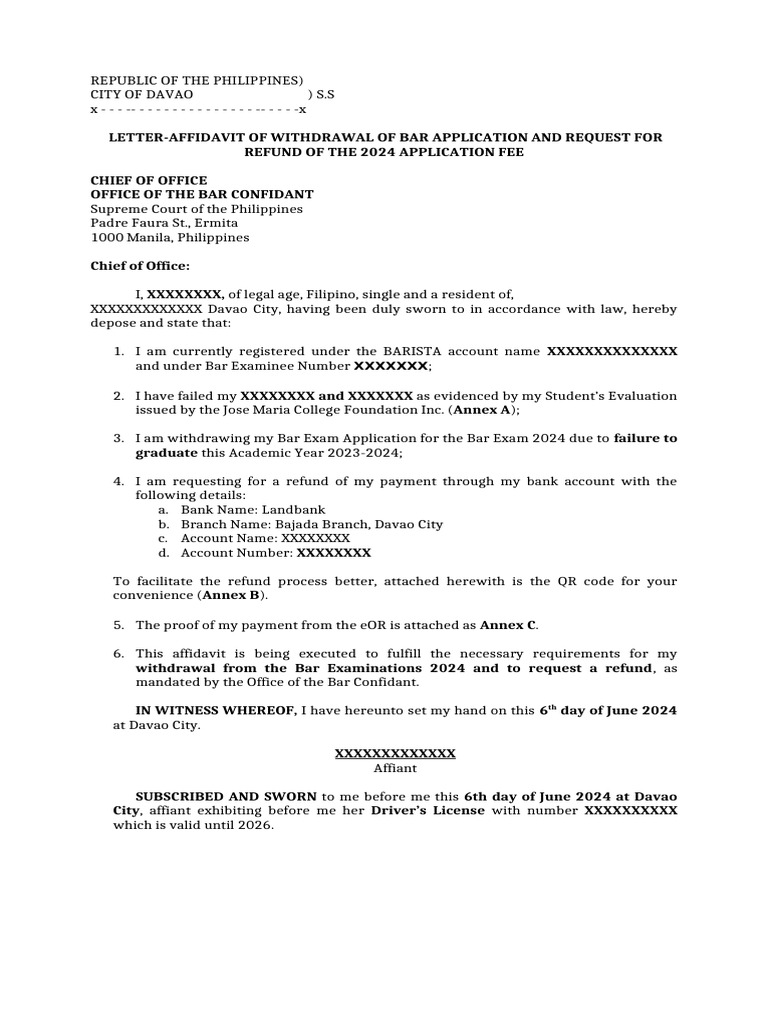 Withdrawal of Bar Application & Refund Request | PDF