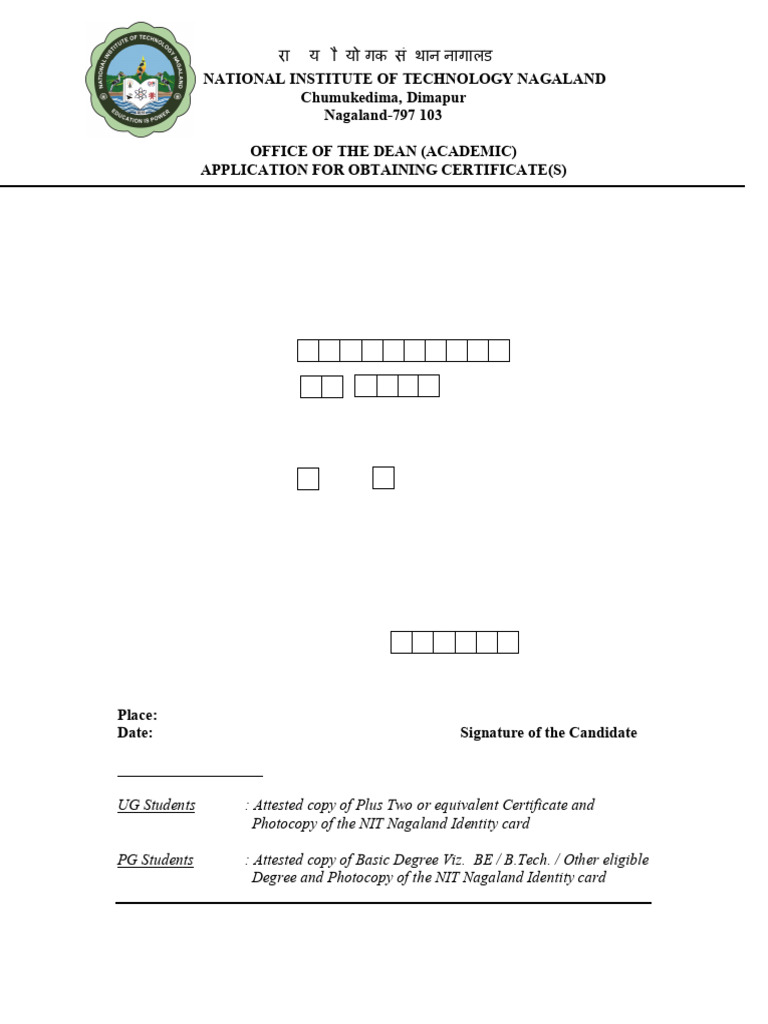 NIT Nagaland Certificate Application Form | PDF | Identity Document ...