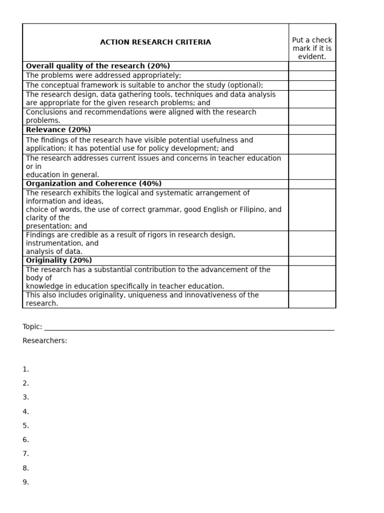 Action Research Evaluation Criteria | PDF