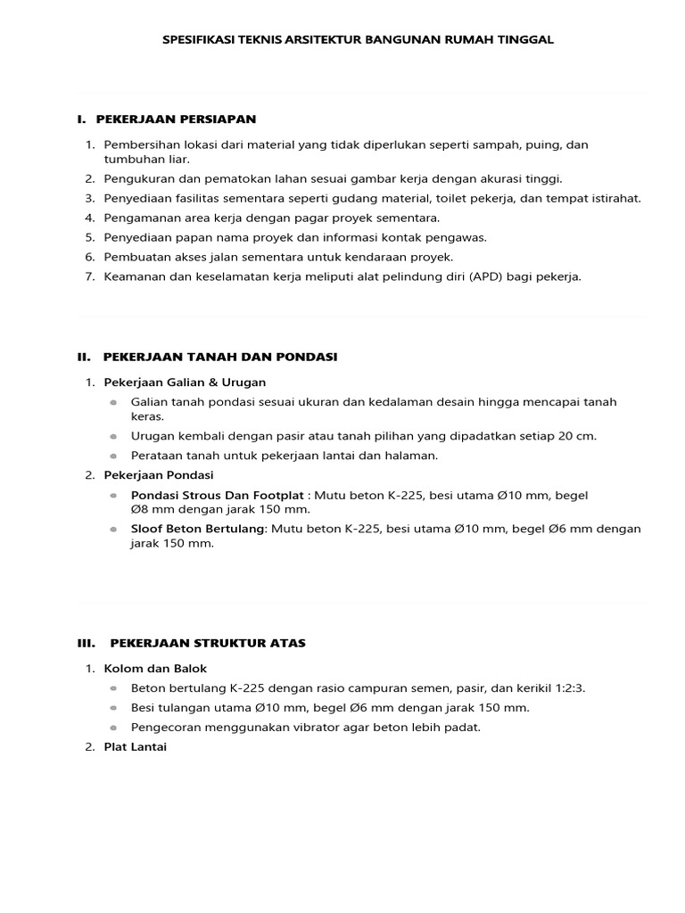 Spesifikasi Teknis Arsitektur Rumah | PDF