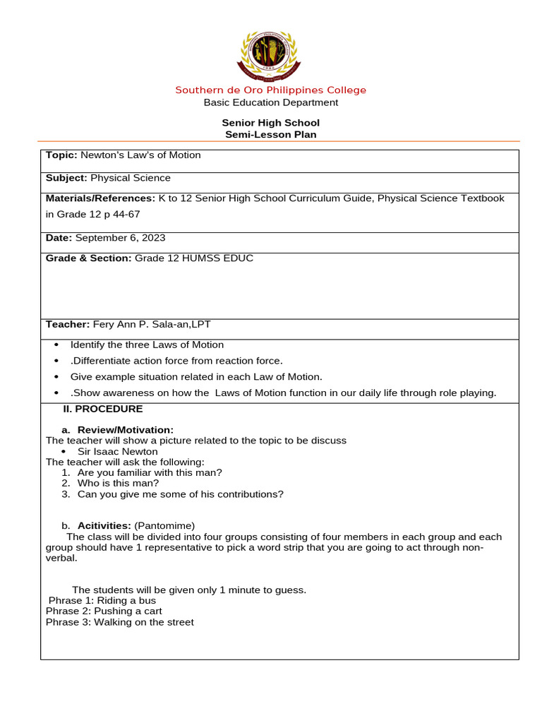 Newton's Laws of Motion Lesson Plan | PDF | Force | Newton's Laws Of Motion