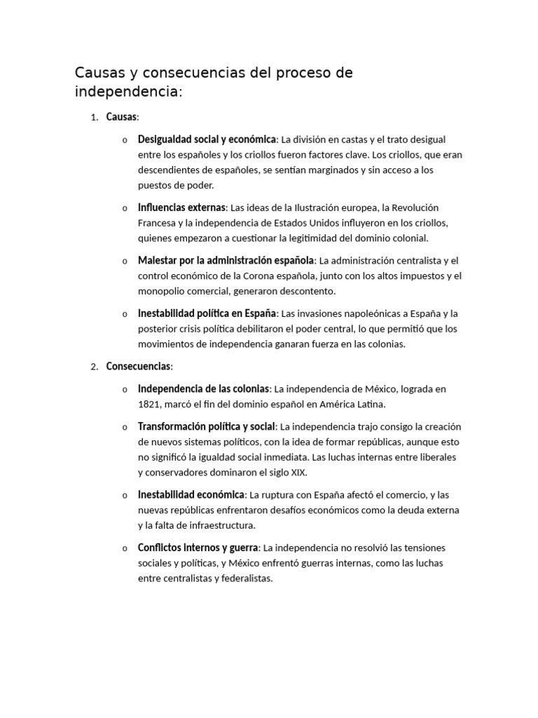 Causas y consecuencias de la independencia | PDF