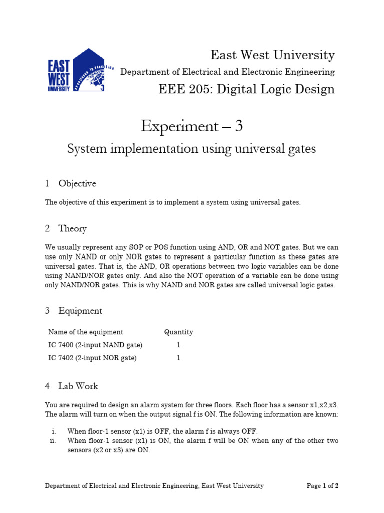 EEE 205 Experiment - 3 Universal Gate Spring 2024 | PDF
