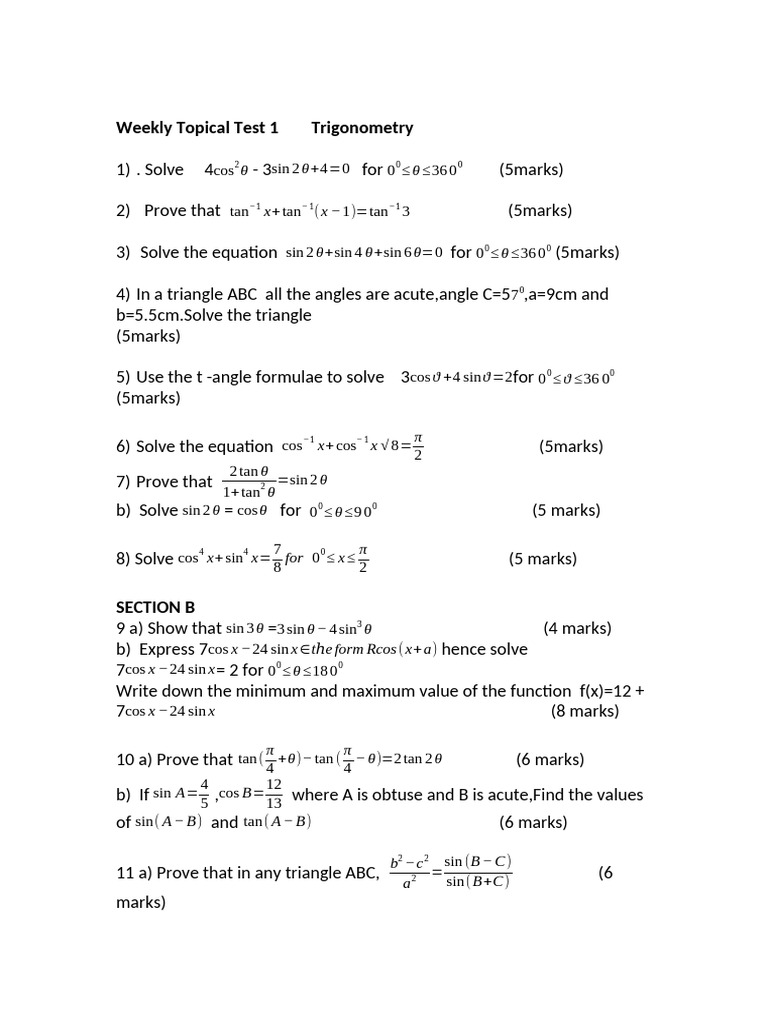 Trigonometry and Integration Weekly Test | PDF | Trigonometry | Trigonometric Functions