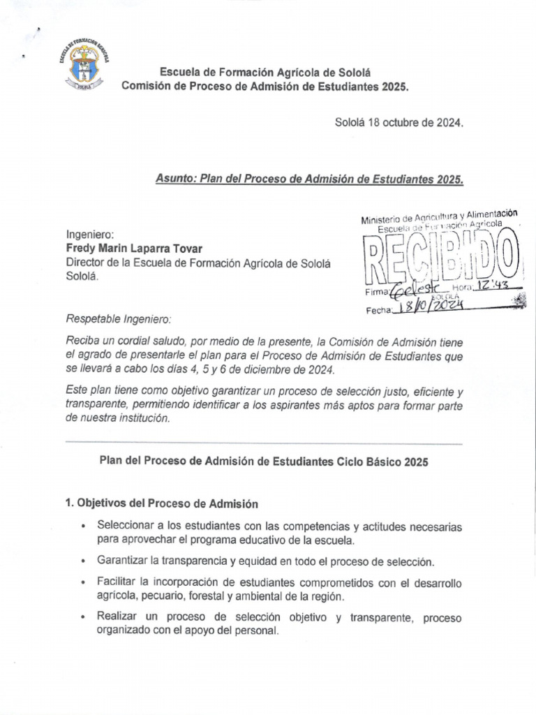 Plan de Proceso de Admisión 2025 | PDF