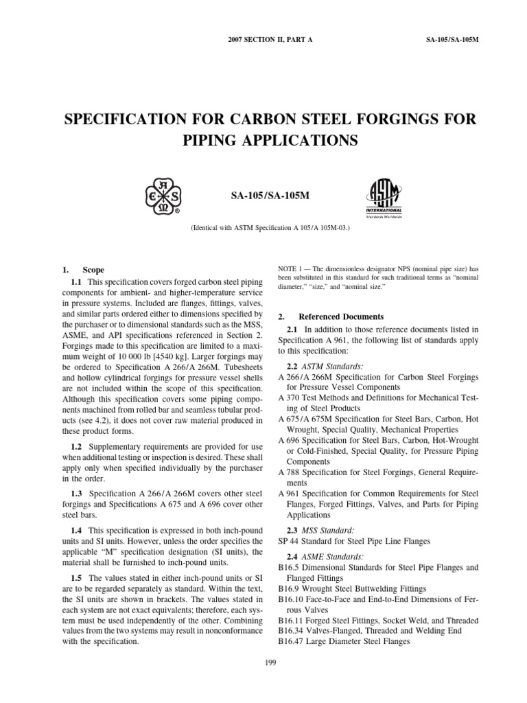SA-105/SA-105M Carbon Steel Specification | PDF | Pipe (Fluid ...