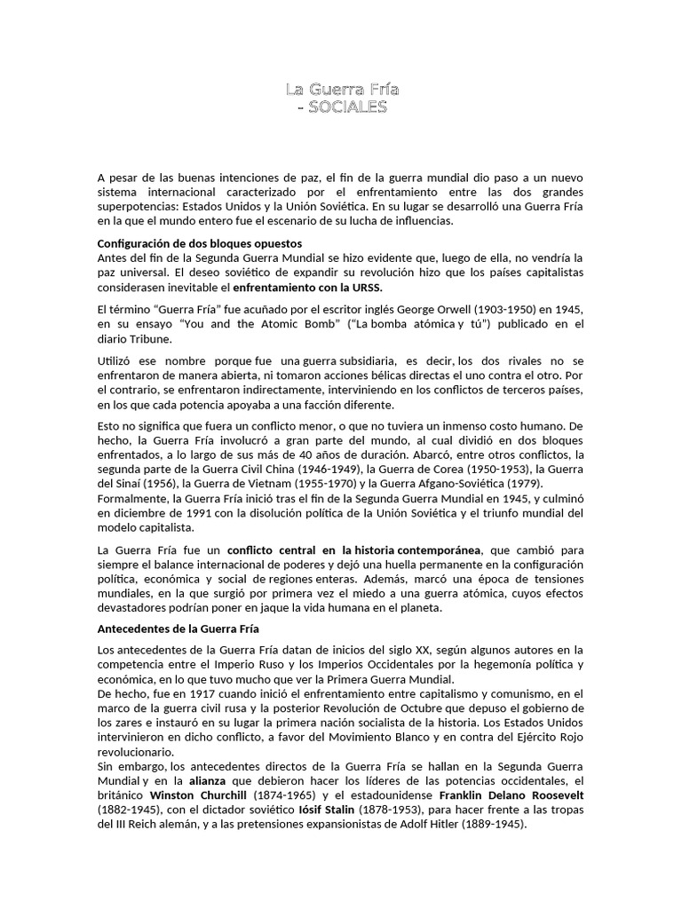 Historia y Consecuencias de la Guerra Fría | PDF | Guerra Fría | Unión ...