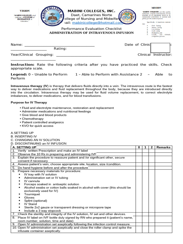 IV Infusion Administration Checklist | PDF | Intravenous Therapy ...