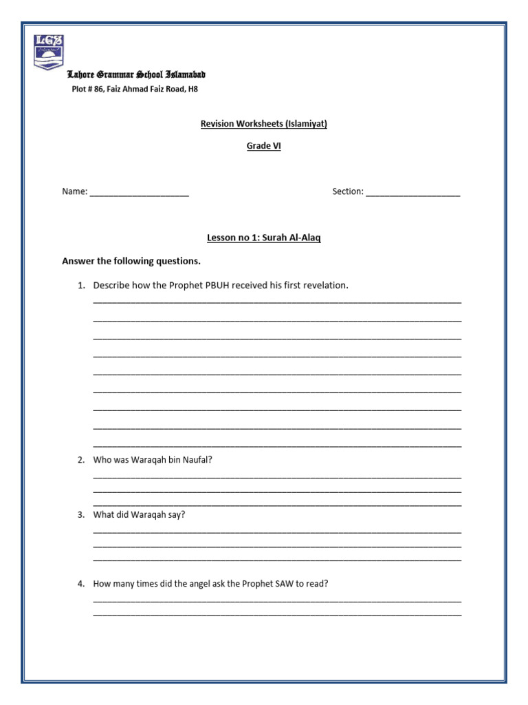 Grade 6 Islamiyat Revision Worksheets | PDF | Quran | Islam