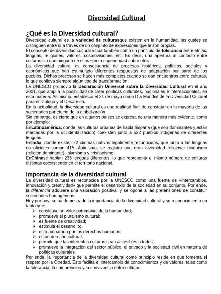 Importancia y Elementos de la Diversidad Cultural | PDF | Tolerancia ...