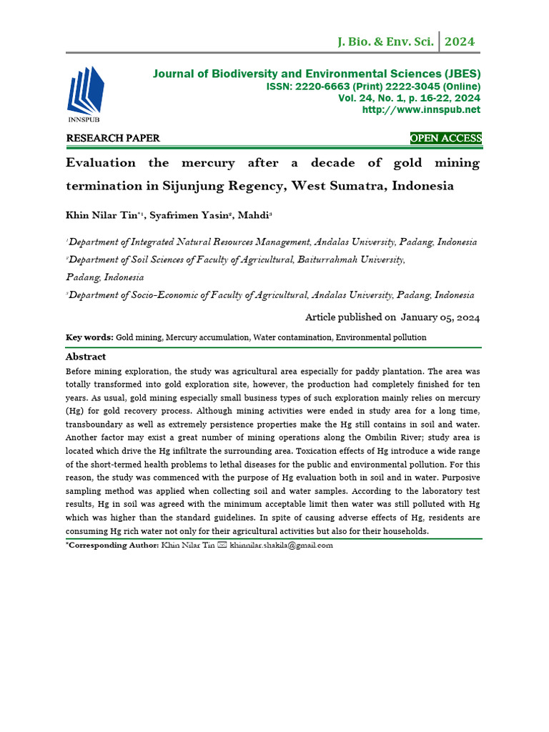 Evaluation The Mercury After A Decade of Gold Mining Termination in ...