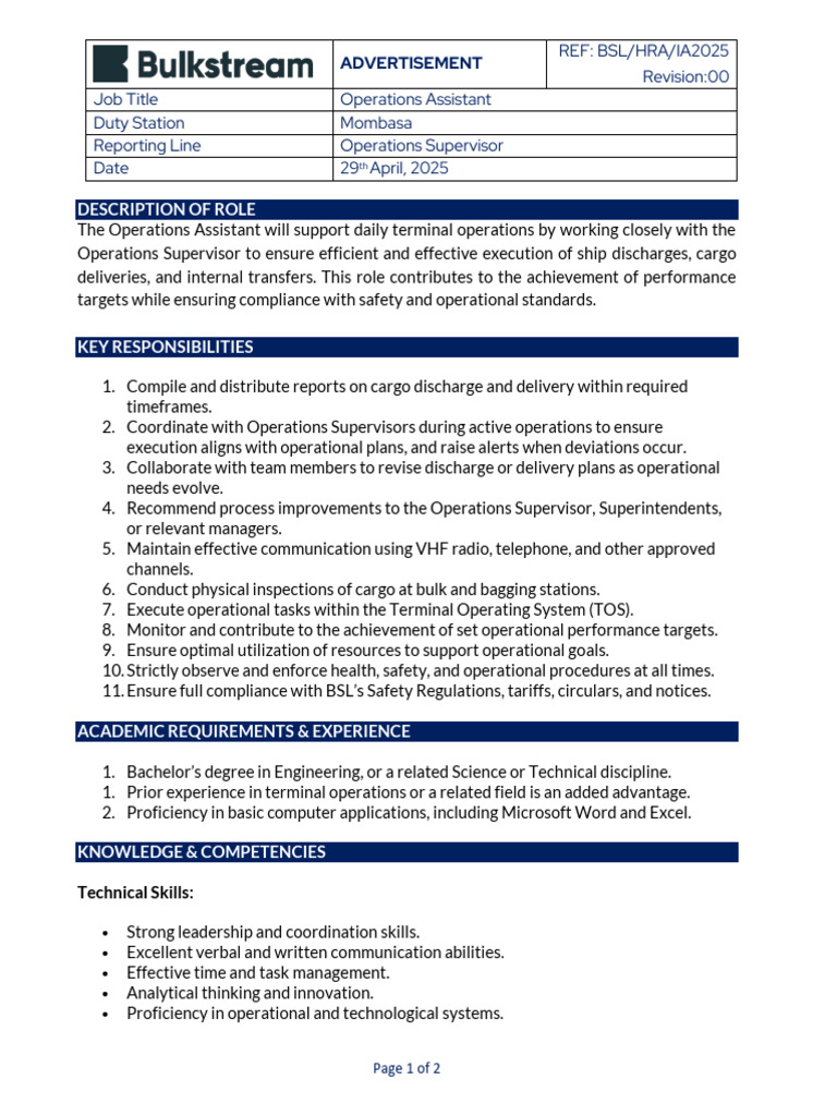 Operations Assistant Role in Mombasa | PDF | Regulatory Compliance ...