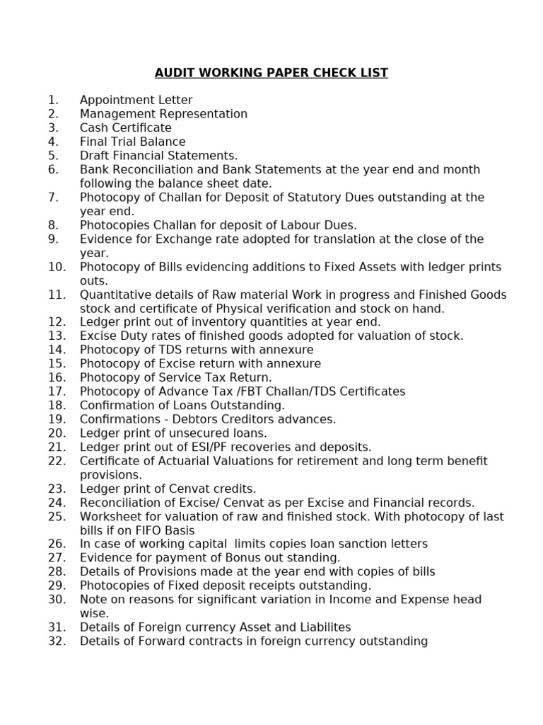 Comprehensive Audit Working Paper Checklist | PDF | Valuation (Finance ...