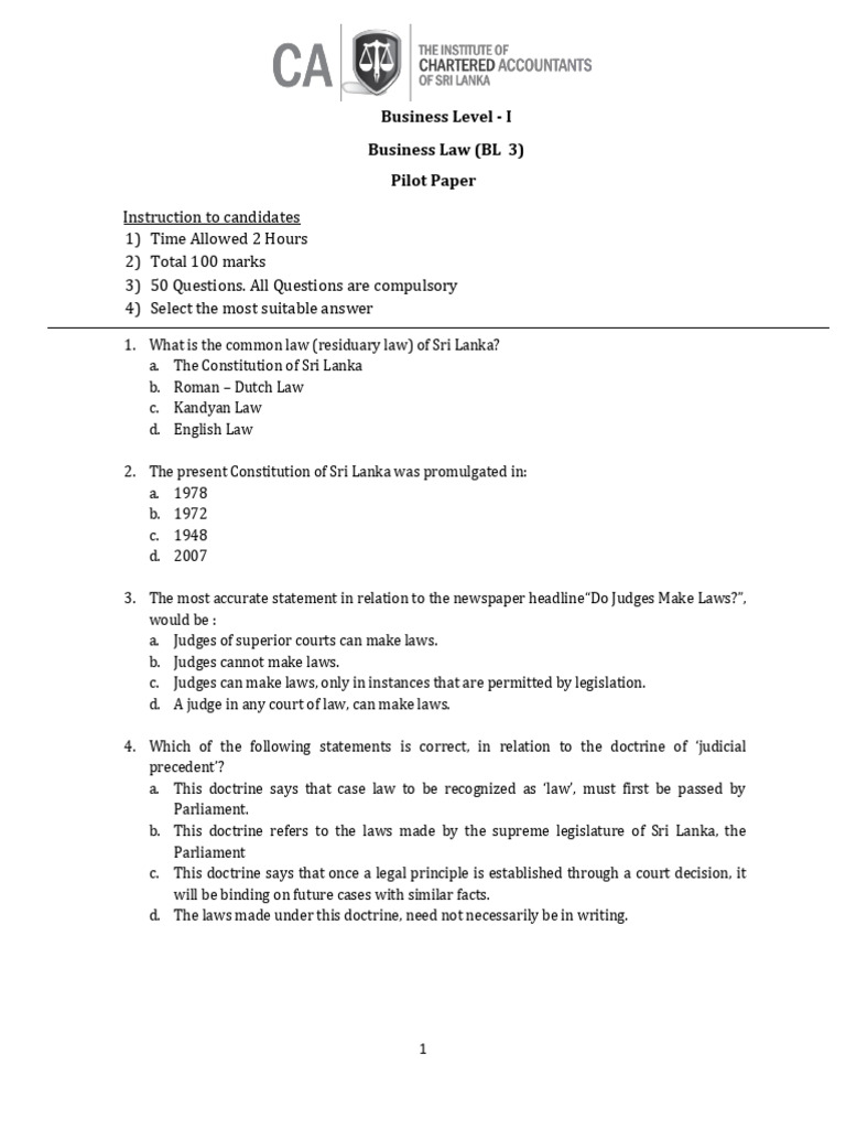 Sri Lanka Business Law Exam Guide | PDF | Negotiable Instrument | Lease