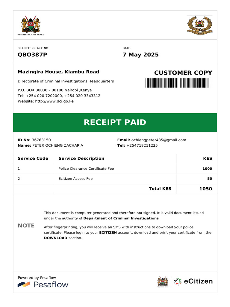 Police Clearance Certificate Receipt | PDF