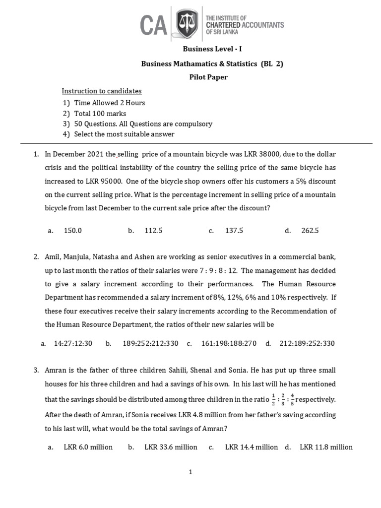 BL 2 Business Mathamatics & Statistics - Pilot Paper (English) | PDF ...