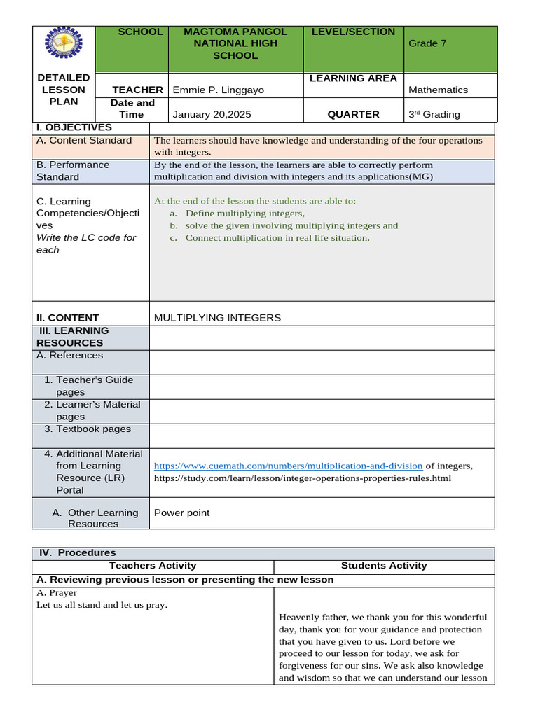 MULTIPLICATION LESSON PLAN | PDF | Multiplication | Integer