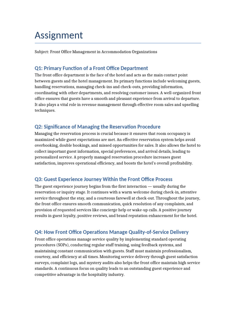 Front Office Assignment | PDF | Business | Business Economics