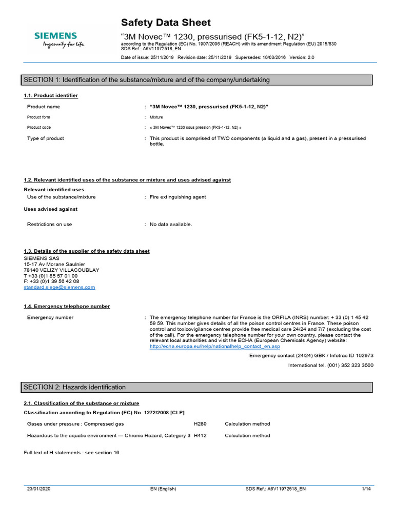 Novec 1230 Safety Data Sheet Summary | PDF | Dangerous Goods | Firefighting