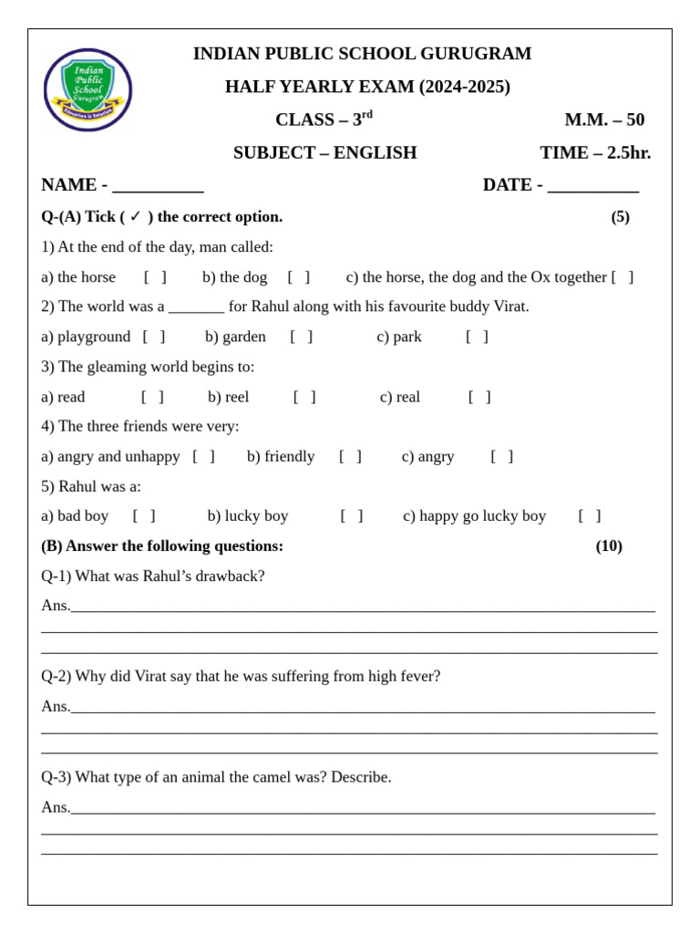 Class 3 English Half Yearly Exam 2024 | PDF | Adjective | Language ...