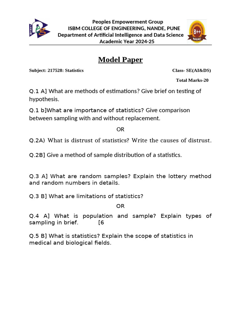 Statistics Model Paper for AI & DS 2024-25 | PDF