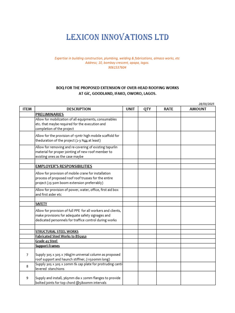Boq For Proposed Roofing Works at Gic | PDF | Truss | Building Engineering