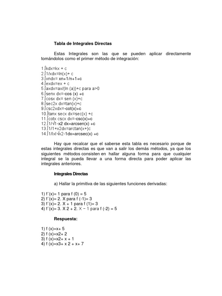 Tabla de Integrales Directas | PDF | Integral | Número racional