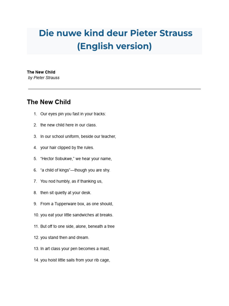 The New Child by Pieter Strauss Analysis | PDF | Poetry | Poetics
