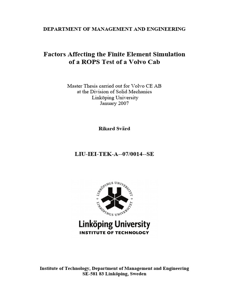 ROPS Test Simulation Factors for Volvo Cab | PDF | Deformation ...