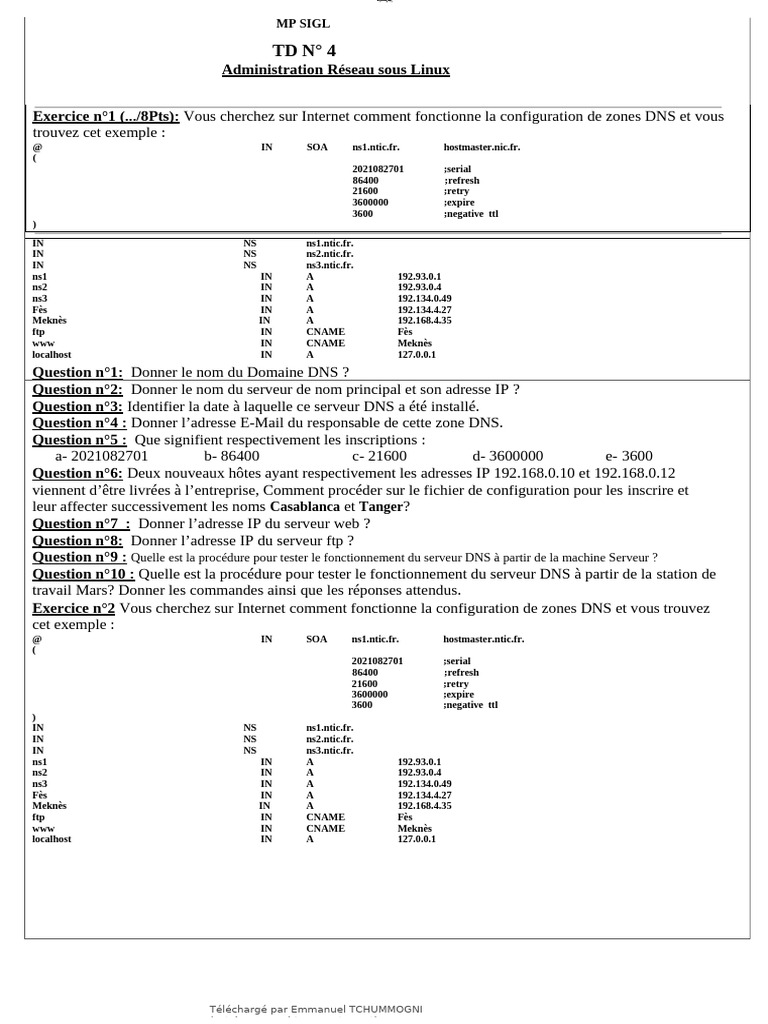 Configuration DNS sous Linux : Exercice TD 4 | PDF | Système de noms de ...