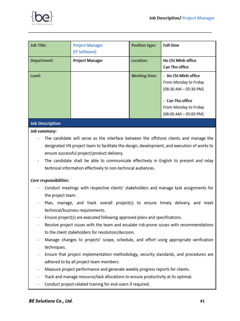 Project Manager Job Description - IT | PDF | Computing | Business