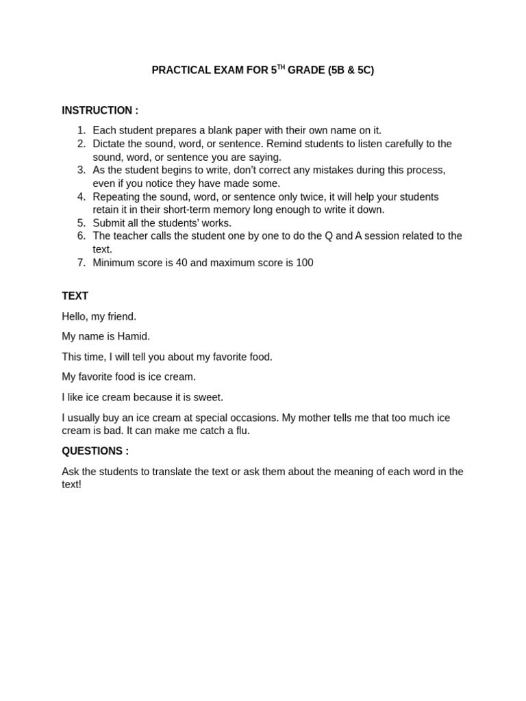 5th Grade Practical Exam Instructions | PDF