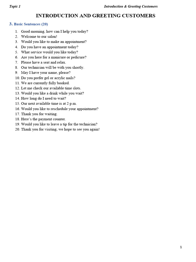Customer Greeting Phrases for Salons | PDF