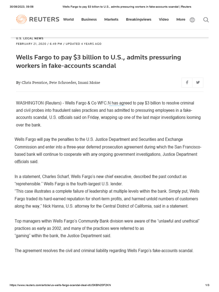 Wells Fargo Fake Account Scandal PDF Wells Fargo