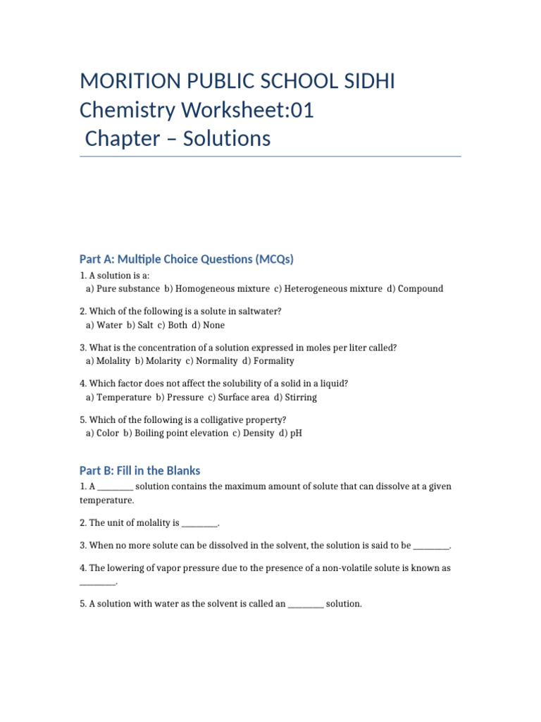 Chemistry Worksheet Solutions | PDF