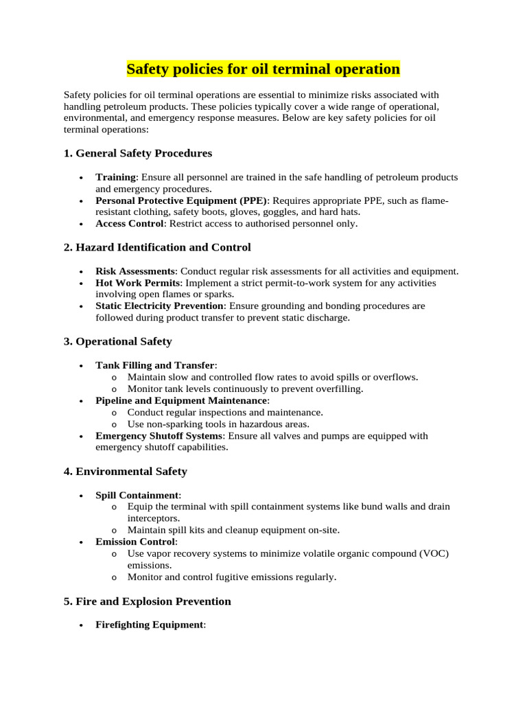 Oil Terminal Safety Policies Overview | PDF | Personal Protective ...